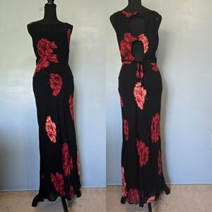 Vntg Nostalgia Floral Print Maxi Dress S Black Red